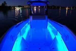 Blue LED interior boat lighting at night
